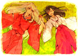 Rule 34 | 1boy, 1girl, 210 (titoto), animal ears, brown eyes, brown hair, dog ears, expressionless, closed eyes, hakama, hakama skirt, holding hands, hetero, higurashi kagome, interlocked fingers, inuyasha, inuyasha (character), japanese clothes, jewelry, long hair, looking at another, lying, miko, neck ribbon, necklace, on back, on grass, open mouth, pearl necklace, ribbon, robe, skirt, smile, traditional media, white hair, wide sleeves