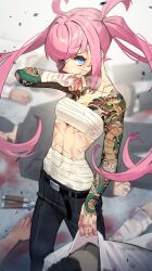 Rule 34 | 1girl, 4boys, absurdres, arietta (tostantan), arm tattoo, balisong, bandages, bandeau, belt, black belt, black pants, blood, blood on hands, blue eyes, chest sarashi, commentary, cowboy shot, dragon tattoo, english commentary, facial scar, highres, knife, long hair, looking at viewer, midriff, midriff sarashi, multiple boys, original, pants, pink hair, sarashi, scar, scar on arm, scar on cheek, scar on chest, scar on face, scar on hand, scar on stomach, sidelocks, solo focus, standing, strapless, tattoo, tostantan, tube top, twintails, very long hair