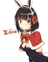 Rule 34 | 1girl, animal ears, artist name, bell, black choker, black eyes, black hair, capelet, choker, christmas, cloba, commentary, detached sleeves, english commentary, fake animal ears, fur-trimmed capelet, fur trim, hair ribbon, hairband, jingle bell, leotard, looking at viewer, original, playboy bunny, pout, rabbit ears, rabbit tail, raised eyebrow, red capelet, red ribbon, ribbon, short hair, simple background, solo, tail, upper body, white background