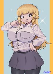 Rule 34 | 1girl, :3, artist name, black eyes, blonde hair, blunt bangs, breasts, character request, collared shirt, drill hair, drill sidelocks, fang, green skirt, hand on own hip, highres, large breasts, laughing, leggings, m/, mount celebrity kaneda-san, ojou-sama pose, open mouth, pantyhose, ryuusui arumo, shirt, sidelocks, skirt, solo, sparkle, white shirt