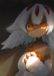Rule 34 | 1girl, black skin, brown eyes, claws, colored skin, crying, extra arms, faputa, female focus, flat chest, halogenfluorite, highres, looking at viewer, made in abyss, monster girl, parted lips, shadow, solo, tears, twitter username, white fur, white hair