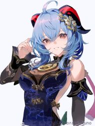 Rule 34 | 1girl, ahoge, artist name, bare shoulders, bell, black dress, blue dress, blue hair, breasts, detached sleeves, dress, ganyu (genshin impact), ganyu (twilight blossom) (genshin impact), genshin impact, gold trim, hair ornament, horns, long hair, looking at viewer, medium breasts, neck bell, no gloves, norari kuno, official alternate costume, official alternate hairstyle, purple eyes, sidelocks, smile, solo, upper body, white background