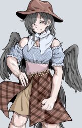 Rule 34 | 1girl, absurdres, bare shoulders, bird wings, black wings, brown hat, brown skirt, closed mouth, commentary, cowboy hat, dress, fe (tetsu), grey background, hat, highres, kurokoma saki, looking at viewer, multicolored clothes, multicolored dress, plaid, plaid skirt, red eyes, simple background, skirt, solo, touhou, wings