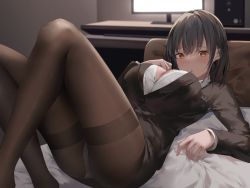 Rule 34 | 1girl, :o, absurdres, ass, bed, black hair, black jacket, blush, breasts, brown eyes, brown pantyhose, cleavage, computer, desk, formal, highres, indoors, jacket, knees up, large breasts, long sleeves, looking at viewer, lying, monitor, non-web source, office lady, on back, on bed, open mouth, original, panties, panties under pantyhose, pantyhose, pencil skirt, shirt, skirt, skirt suit, solo, suit, suzuame yatsumi, thighband pantyhose, underwear, white panties, white shirt