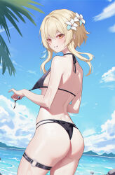 Rule 34 | 1girl, absurdres, ass, bikini, black bikini, blonde hair, blue sky, breasts, cloud, cloudy sky, commentary request, cowboy shot, day, feather hair ornament, feathers, flower, from behind, genshin impact, hair flower, hair ornament, highres, lishu (2013547716), looking at viewer, looking back, lumine (genshin impact), medium breasts, mountainous horizon, o-ring, o-ring thigh strap, ocean, outdoors, short hair, short hair with long locks, sky, smile, solo, swimsuit, thigh strap, white flower, yellow eyes