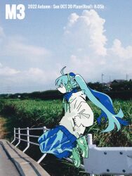 Rule 34 | 1girl, ahoge, aqua hair, blue jacket, blue pants, bridge, cloud, cloudy sky, colored skin, commentary request, cover, day, english text, expressionless, feet up, film grain, floating hair, from side, full body, grass, hands in pockets, hatsune miku, headphones, highres, hood, hood down, hoodie, jacket, long hair, long sleeves, looking ahead, on railing, outdoors, pants, photo background, railing, second-party source, shoes, sitting, sky, sneakers, solo, soyacomu, tall grass, timestamp, track jacket, track pants, twintails, very long hair, vocaloid, white hoodie, white skin, wide shot