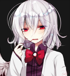 Rule 34 | 1girl, black background, blood, blood in mouth, bow, bowtie, dress, fua yuu, kishin sagume, looking at viewer, needle, purple dress, red eyes, sewing, sewing needle, short hair, signature, silver hair, simple background, single wing, solo, touhou, upper body, vest, wings