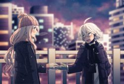 Rule 34 | 1boy, 1girl, :d, ahoge, alternate costume, android, black coat, black scarf, blonde hair, blue eyes, blurry, blush, breath, brown headwear, cheer (cheerpuppy14), city, coat, commentary, danganronpa (series), danganronpa v3: killing harmony, english commentary, fur-trimmed coat, fur trim, gloves, grin, highres, holding hands, iruma miu, k1-b0, long hair, long sleeves, looking at another, night, open clothes, open coat, open mouth, scarf, short hair, smile, snowing, teeth, upper teeth only, winter, winter clothes, winter coat