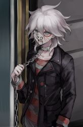 Rule 34 | 1boy, arm at side, black jacket, black sweater, chain, collar, collarbone, commentary request, danganronpa (series), danganronpa another episode: ultra despair girls, drooling, facepaint, fake facial hair, fake mustache, fake whiskers, grey eyes, grey hair, hair between eyes, hand up, highres, holding, holding chain, jacket, komaeda nagito, long sleeves, looking at viewer, male focus, medium hair, metal collar, muuyiie, official alternate costume, open clothes, open jacket, red sweater, servant (danganronpa), solo, standing, striped clothes, striped sweater, sweater, upper body