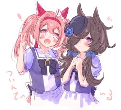 Rule 34 | 2girls, :d, alternate hairstyle, animal ears, black bow, black hair, black headwear, blue flower, blue rose, blue shirt, blush, bow, closed mouth, ear bow, flower, hair between eyes, hair over one eye, hair over shoulder, hairband, hands up, haru urara (umamusume), hat, hat flower, horse ears, horse girl, horse tail, ittokyu, low twintails, multiple girls, open mouth, pink hair, puffy short sleeves, puffy sleeves, purple eyes, red eyes, red hairband, rice shower (umamusume), rose, school uniform, shirt, short sleeves, simple background, skirt, smile, tail, tilted headwear, tracen school uniform, translation request, twintails, umamusume, v, white background, white bow, white skirt
