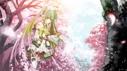 Rule 34 | adapted costume, cherry blossoms, detached sleeves, green eyes, green hair, hatsune miku, headset, kouji (astral reverie), long hair, midriff, necktie, petals, skirt, solo, thighhighs, tree, twintails, very long hair, vocaloid