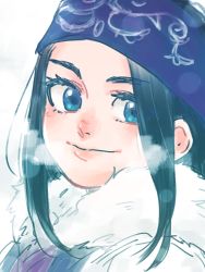 Rule 34 | 1girl, ainu, ainu clothes, asirpa, bandana, black hair, blue bandana, blue eyes, blush, breath, cape, closed mouth, commentary request, eyebrows, fur cape, golden kamuy, hituji yerm, lips, long hair, looking at viewer, simple background, smile, solo, upper body, white background, white cape
