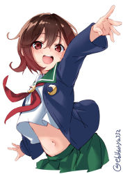 Rule 34 | 1girl, blush, brown hair, crescent, crescent pin, ebifurya, gradient hair, green sailor collar, highres, jacket, kantai collection, loafers, multicolored hair, mutsuki (kancolle), mutsuki kai ni (kancolle), navel, one-hour drawing challenge, open mouth, outstretched arms, pantyhose, red hair, sailor collar, school uniform, serafuku, shoes, short hair, smile, solo, spread arms, stomach, white background