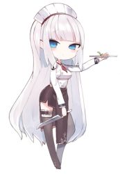 Rule 34 | 1girl, black skirt, black thighhighs, blue eyes, blush, breasts, character request, closed mouth, full body, hand up, holding, holding knife, holding plate, knife, kotatu (akaki01aoki00), last origin, long hair, long sleeves, looking at viewer, medium breasts, plate, shirt, silver hair, simple background, skirt, smile, solo, sowan (last origin), standing, thighhighs, very long hair, white background, white headwear, white shirt