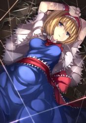 Rule 34 | 1girl, alice margatroid, arms up, ascot, blonde hair, blue dress, blue eyes, blush, broken glass, dress, glass, hairband, janne cherry, lolita hairband, looking at viewer, lying, on back, red ribbon, ribbon, sash, short hair, solo, string, string around finger, touhou, wrist cuffs