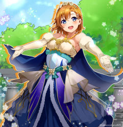 Rule 34 | 1girl, :d, absurdres, alternate costume, alternate hairstyle, blue cape, blue eyes, blush, cape, dress, elbow gloves, frilled dress, frills, fur-trimmed gloves, fur trim, gloves, hair ornament, hairclip, head wreath, highres, kosaka honoka, long dress, looking at viewer, love live!, love live! school idol project, nakano maru, open mouth, orange hair, outstretched arms, smile, strapless, strapless dress, wg