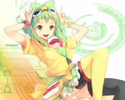 Rule 34 | 1girl, :d, asymmetrical footwear, bad id, bad pixiv id, bow, cosplay, crossover, cure lovely, cure lovely (cosplay), cure lovely (lollipop hip hop), double v, goggles, goggles on head, green eyes, green hair, gumi, hair bow, happinesscharge precure!, hood, hoodie, matching hair/eyes, mismatched footwear, nakajima megumi, name connection, open mouth, panties, pantyshot, precure, short hair, shovelwall, shovelwell, sitting, skirt, smile, solo, thighhighs, underwear, upskirt, v, vocaloid, voice actor connection, white panties
