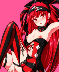 Rule 34 | 1girl, aka no ripika, bare shoulders, beatmania, beatmania iidx, breasts, earrings, hair ornament, hat, jester cap, jewelry, lace, long hair, looking at viewer, nikuchimaki, nipples, open mouth, red background, red eyes, red hair, small breasts, solo, striped clothes, striped thighhighs, sweatdrop, thighhighs, vertical-striped clothes, vertical-striped thighhighs, very long hair