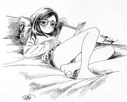 Rule 34 | 1girl, barefoot, closed mouth, glasses, highres, hiro (dismaless), original, pillow, reading, solo, traditional media