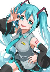 Rule 34 | 1girl, bad id, bad pixiv id, blue hair, blue nails, boots, breasts, copyright name, detached sleeves, floating neckwear, from above, hand on own hip, hatsune miku, highres, hyyeua, leg up, long hair, looking up, medium breasts, nail polish, necktie, ok sign, smug, solo, tattoo, thigh boots, thighhighs, twitter username, very long hair, vocaloid, white background