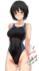 Rule 34 | 1girl, amagami, arms behind back, bare shoulders, black hair, black one-piece swimsuit, blue one-piece swimsuit, blush, breasts, brown eyes, closed mouth, commentary request, competition swimsuit, covered navel, cowboy shot, dated, gluteal fold, groin, highleg, highleg swimsuit, highres, looking at viewer, medium breasts, nanasaki ai, one-piece swimsuit, short hair, signature, simple background, smile, solo, swimsuit, two-tone swimsuit, white background, yoo tenchi