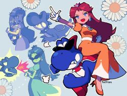Rule 34 | 1boy, 1girl, :d, absurdres, angry, blue background, blue eyes, blue skin, boshi (super mario rpg), breath weapon, breathing fire, brown hair, claws, clenched hands, closed mouth, collar, colored skin, constricted pupils, cookie, cookie jar, crown, daisy, dinosaur, dress, earrings, fang, fire, flower, flower earrings, food, foxdropsdraws, frown, gloves, heavy breathing, highres, holding, jewelry, leaning forward, looking at another, looking up, mario (series), nintendo, open mouth, orange dress, orange footwear, pointing, princess daisy, red footwear, riding, sash, simple background, smile, smirk, spiked collar, spikes, sunglasses, super mario land, super mario rpg, white sash