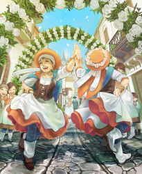 Rule 34 | 4girls, :d, arch, bangle, boots, bracelet, brown hair, city, clothes lift, cobblestone, dancing, dress, dress lift, closed eyes, habuco (conte), happy, hat, holding hands, jewelry, multiple girls, open mouth, original, pants, petals, road, smile, street, vanishing point