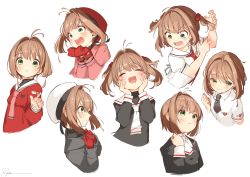 Rule 34 | antenna hair, beret, brown hair, cardcaptor sakura, closed eyes, expressions, gloves, green eyes, hair intakes, hands on own face, hat, highres, kinomoto sakura, multiple views, necktie, open mouth, red gloves, ryota (ry o ta), school uniform, short hair, short twintails, smile, tears, twintails, white background
