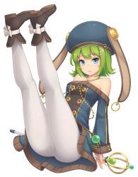 Rule 34 | 1girl, :3, arms behind back, ass, bare shoulders, blue eyes, boots, bow, breasts, buttons, double-breasted, dress, full body, gem, green hair, hair ornament, hairclip, hat, holding, holding wand, leg up, long sleeves, looking at viewer, medium breasts, original, pantyhose, sasaame, short hair, simple background, smile, solo, wand, white background, white pantyhose