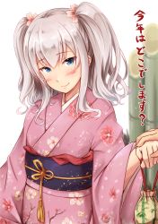 Rule 34 | 10s, 1girl, blue eyes, blush, furisode, hair ornament, hairclip, highres, holding, ichikawa feesu, japanese clothes, kantai collection, kashima (kancolle), kimono, silver hair, smile, solo focus, text focus, translation request, twintails, wide sleeves