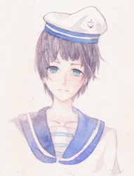 Rule 34 | 1other, ambiguous gender, anchor print, aqua eyes, blush, grey hair, hat, highres, light smile, looking at viewer, mole, mole under eye, original, parted lips, sailor hat, short hair, smile, striped clothes, texture, tkm (1322323425), traditional media, upper body