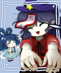 Rule 34 | 2girls, ^ ^, absurdres, aqua dress, black footwear, black ribbon, blue background, blue hair, blush stickers, chibi, closed eyes, dress, facing viewer, full body, hagoromo, hair ornament, hair rings, hair stick, hands on own cheeks, hands on own face, hat ornament, heart, highres, jiangshi, kaku seiga, lace-trimmed sleeves, lace trim, medium hair, miyako yoshika, multiple girls, neck ribbon, ofuda, ofuda on head, open mouth, outside border, outstretched arms, purple hair, purple headwear, reaching, reaching towards viewer, red shirt, ribbon, shawl, shirt, short sleeves, simple background, smile, split depth, star (symbol), star hat ornament, teardrop, touhou, upper body, yakumora n, zombie pose, zun (style)