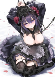 Rule 34 | 1girl, arms up, between pectorals, black hairband, blush, body writing, bound, breasts, chain, chain leash, cleavage cutout, clothing cutout, cosplay, female focus, floral print, flower, garter straps, gothic lolita, hairband, highres, kitagawa marin, kuroe shizuku, kuroe shizuku (cosplay), large breasts, leash, lolita fashion, looking at viewer, nail polish, necktie, necktie between pectorals, nylon (nylon 100%), panties, panty pull, pectorals, print thighhighs, purple eyes, purple hair, rose, shoes, unworn shoes, simple background, sitting, solo, sono bisque doll wa koi wo suru, sweatdrop, tally, thighhighs, underwear, wariza, wig