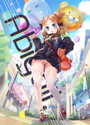 Rule 34 | 1girl, abigail williams (fate), abigail williams (traveling outfit) (fate), animal bag, bag, balloon, black bow, black jacket, blonde hair, blue eyes, blue sky, blush, bow, breasts, cameltoe, character name, cloud, cloudy sky, crepe, day, fate/grand order, fate (series), food, food on face, from below, full body, gluteal fold, hair bow, hair bun, hands up, heroic spirit traveling outfit, holding, holding balloon, holding food, jacket, jin young-in, long hair, long sleeves, looking at viewer, looking down, market stall, medjed (fate), hugging object, official alternate costume, open mouth, orange bow, outdoors, panties, parted bangs, pennant, polka dot, polka dot bow, red footwear, shoes, shoulder bag, single hair bun, sky, sleeves past fingers, sleeves past wrists, small breasts, solo, string of flags, stuffed animal, stuffed toy, teddy bear, thighhighs, transparent, underwear, white panties, white thighhighs
