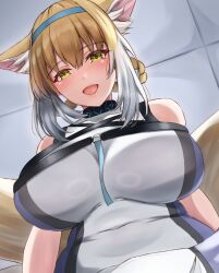 Rule 34 | 1girl, aged up, animal ear fluff, animal ears, arknights, blonde hair, blue hairband, breasts, dress, fox ears, fox girl, fox tail, from below, green eyes, hairband, large breasts, long hair, looking at viewer, multicolored hair, open mouth, sleeveless, sleeveless dress, smile, solo, suzuran (arknights), tail, two-tone hair, uminekoin kujira, upper body, white hair