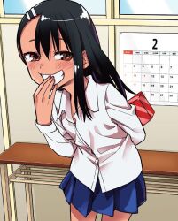 Rule 34 | 1girl, 774 (nanashi), arm behind back, black hair, blue skirt, box, brown eyes, calendar (object), commentary request, cowboy shot, dress shirt, gift, gift box, grin, hand to own mouth, ijiranaide nagatoro-san, incoming gift, indoors, long hair, long sleeves, nagatoro hayase, official art, pleated skirt, school uniform, second-party source, shirt, skirt, smile, solo, tan, untucked shirt, valentine