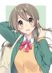 Rule 34 | 1girl, arm behind head, arm up, bag, blazer, blush, bow, breasts, brown eyes, brown hair, brown sweater, collared shirt, dress shirt, green background, green jacket, hair between eyes, highres, jacket, kusumoto shizuru, long hair, looking at viewer, open clothes, open jacket, open mouth, original, red bow, school uniform, shirt, small breasts, solo, sweat, sweater, two-tone background, upper body, very long hair, white background, white shirt