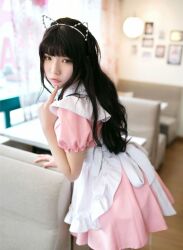 Rule 34 | 1girl, animal ear hairband, animal ears, asian, black eyes, black hair, cat ear hairband, cat ears, dress, fake animal ears, hairband, highres, hime cut, japanese (nationality), lipstick, long hair, maid, maid cafe, makeup, pink dress, pouting, source request