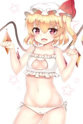 Rule 34 | 1girl, bad id, bad twitter id, blonde hair, blush, breasts, cat ear panties, cat lingerie, cleavage cutout, clothing cutout, crystal, fang, flandre scarlet, hat, hat ribbon, highres, looking at viewer, meme attire, midriff, mob cap, navel, open mouth, panties, papo, paw pose, red eyes, ribbon, short hair, side-tie panties, side ponytail, small breasts, smile, solo, star (symbol), touhou, underwear, white background, wings