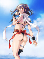 Rule 34 | 1girl, ass, bikini, black bikini, black thighhighs, blue sky, breasts, brown eyes, closed mouth, commission, dated, from behind, hair ornament, hand up, kantai collection, looking at viewer, looking back, medium breasts, ocean, one eye closed, outdoors, pixiv commission, red bikini, sailor collar, sameha ikuya, scarf, sendai (kancolle), sendai kai ni (kancolle), signature, single thighhigh, sky, smile, solo, swimsuit, thigh strap, thighhighs, two-tone bikini, two side up, white sailor collar, white scarf
