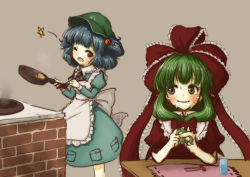 Rule 34 | 2girls, ;d, apron, blue eyes, blue hair, blush, bow, brick, brown background, chopsticks, cooking, cup, dress, drinking glass, eyebrows, fidgeting, frills, front ponytail, frying pan, green dress, green eyes, green hair, hair bobbles, hair bow, hair ornament, hair ribbon, hat, head tilt, holding, juliet sleeves, kagiyama hina, kawashiro nitori, long hair, long sleeves, looking at another, looking to the side, multiple girls, nervous, nervous smile, one eye closed, open mouth, playing with own hair, pocket, puffy short sleeves, puffy sleeves, red bow, red dress, red ribbon, ribbon, ribbon trim, short sleeves, simple background, smile, smoke, standing, star (symbol), stove, sweat, sweatdrop, tikano, tokin hat, touhou, two side up, waist apron