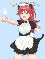 Rule 34 | 1girl, alternate costume, animal ears, apron, black dress, blue background, breasts, cat ears, cat girl, cat tail, chigusa asuha, clenched hands, commentary request, dress, enmaided, fang, frilled apron, frills, hair between eyes, hair ornament, hairclip, long hair, maid, maid headdress, open mouth, outstretched arm, parted bangs, pleated dress, puffy short sleeves, puffy sleeves, qualidea code, red eyes, red hair, sekiya asami, short sleeves, simple background, small breasts, solo, standing, tail, v-shaped eyebrows, very long hair, waist apron, white apron