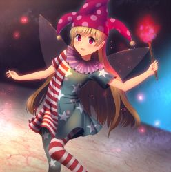 Rule 34 | 1girl, american flag dress, american flag legwear, american flag shirt, bad id, bad pixiv id, blonde hair, blush, clownpiece, dress, embers, fairy wings, hat, highres, jester cap, long hair, looking at viewer, mikomiko (mikomikosu), moon, open mouth, pantyhose, perspective, purple eyes, short dress, short sleeves, smile, solo, space, sparkle, striped clothes, striped dress, torch, touhou, very long hair, wings