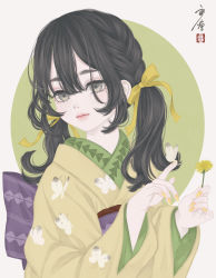 Rule 34 | 1girl, absurdres, animal print, black hair, bow, braid, brown eyes, bug, butterfly, butterfly on hand, butterfly print, dandelion, flower, green background, hair between eyes, hair bow, hair ribbon, highres, holding, holding flower, insect, japanese clothes, kimono, long hair, looking at viewer, medibang paint (medium), nail polish, obi, obiage, original, outside border, oval background, purple sash, ribbon, sash, seal impression, signature, solo, standing, twin braids, twintails, upper body, ushiyama ame, white background, yellow bow, yellow flower, yellow kimono, yellow nails, yellow ribbon