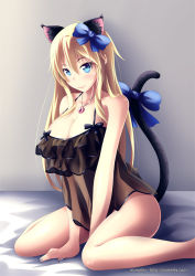 Rule 34 | 10s, 1girl, alternate costume, animal ears, artist name, babydoll, between legs, bismarck (kancolle), black bow, blonde hair, blue bow, blush, bow, breasts, cat ears, cat girl, cat tail, cleavage, closed mouth, collarbone, covered navel, female focus, frills, hair bow, halterneck, hand between legs, jewelry, kantai collection, kemonomimi mode, large breasts, lock, long hair, mimelex, nail polish, navel, on bed, padlock, pendant, pink lips, see-through, sitting, sleeveless, smile, solo, tail, tail bow, tail ornament, wariza, watermark, web address