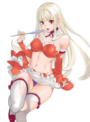 Rule 34 | 1girl, :d, bare shoulders, breasts, candy, capcom fighting jam, commentary request, detached collar, detached sleeves, fang, food, halloween, ingrid (capcom), lollipop, long hair, looking at viewer, midnight bliss, navel, open mouth, panties, pink footwear, platinum blonde hair, purple panties, red eyes, simple background, skirt, smile, solo, teeth, tetsu (kimuchi), thighhighs, torn clothes, torn thighhighs, underwear, very long hair, white background, white thighhighs
