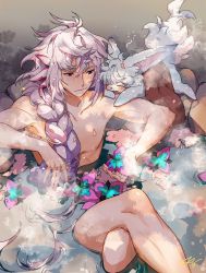 Rule 34 | 1boy, animal, animal on shoulder, bad id, bad twitter id, bathing, braid, crossed legs, fate/grand order, fate (series), fou (fate), long hair, looking at another, male focus, merlin (fate/stay night), onsen, rock, signature, silver hair, solo, steam, very long hair
