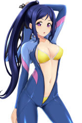Rule 34 | 10s, 1girl, arm behind head, arms up, bikini, blue hair, breasts, chestnut mouth, cleavage, commentary request, diving suit, eyebrows, large breasts, leaning forward, long hair, long sleeves, looking at viewer, love live!, love live! school idol festival, love live! sunshine!!, matsuura kanan, navel, nonaka chikin, open clothes, ponytail, purple eyes, simple background, solo, stomach, swimsuit, white background, yellow bikini