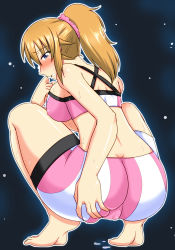 Rule 34 | 10s, 1girl, ass, ass grab, bach, bare shoulders, barefoot, bike shorts, blue eyes, blush, breasts, brown hair, covered erect nipples, deep skin, dimples of venus, from behind, full body, gundam, gundam build fighters, gundam build fighters try, hoshino fumina, large breasts, long hair, parted lips, ponytail, scrunchie, shiny clothes, shiny skin, sideboob, solo, sports bra, squatting, sweat, thigh strap