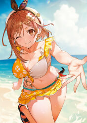 Rule 34 | 1girl, atelier (series), atelier ryza, atelier ryza 3, beret, breasts, brown eyes, brown hair, closed mouth, hat, highres, looking at viewer, medium breasts, ocean, official art, one eye closed, parted lips, reisalin stout, shore, smile, solo, toridamono, water
